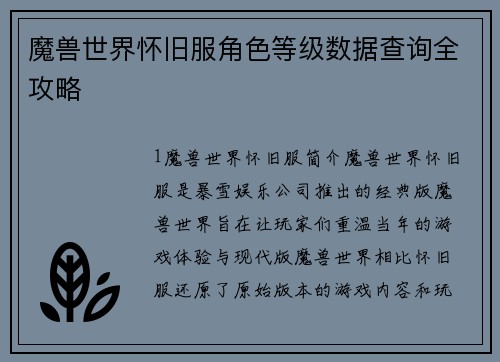 魔兽世界怀旧服角色等级数据查询全攻略